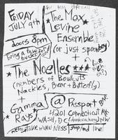 Flier for a concert featuring The Max Levine Ensemble, The Noelles, and Gamma Rays at Passport Bar, July 9