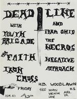 Flier for a concert featuring Deadline with Youth Brigade, The Faith, Iron Cross, The Necros, and Negative Approach on a Friday the 13th