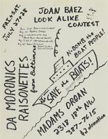 Flier for the Save the Boats benefit party featuring Da Moronics and Raisonettes, Friday, July 27 and Saturday, July 28, 1979