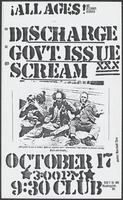 Flier for a concert featuring Discharge, Government Issue, and Scream at 9:30 Club, October 17