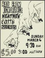 Flier for a concert by Hate From Ignorance, Meatmen Faith, and Necros at the 9:30 Club, Sunday March 6th
