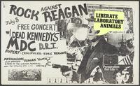 Flier for the Rock Against Reagan free concert featuring the Dead Kennedys, MDC, D.R.I., Rupert, Crucifucks, Toxic Reasons, Messengers, Alan Anderson, Reagan Youth at the Lincoln Memorial Reflecting Pool, July 3rd